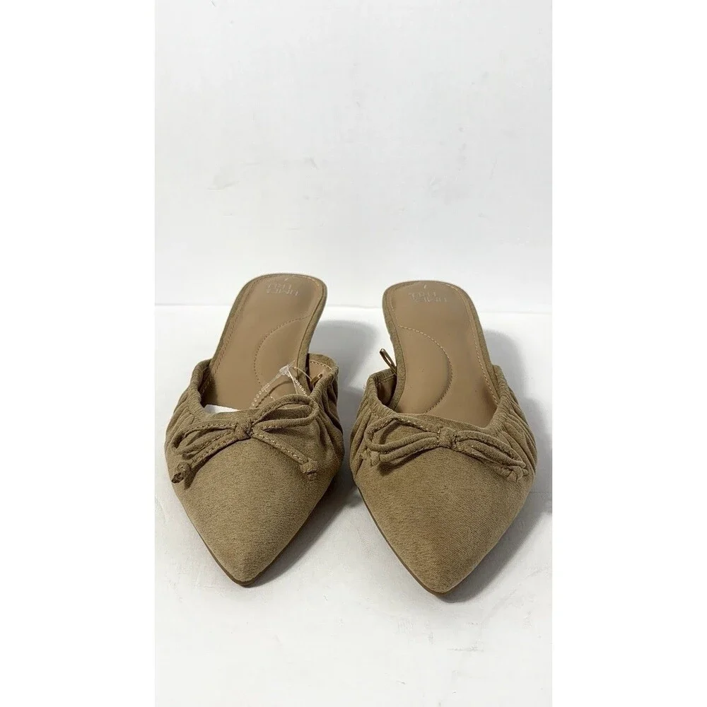 Time and Tru Pointed Toe Kitten Heel Mules with Bow Tan Size 7